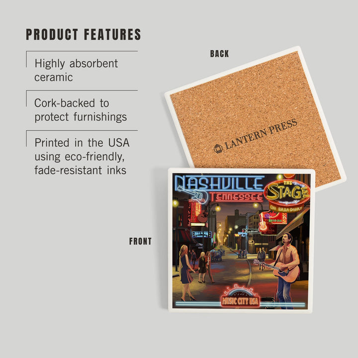 Nashville, Tennessee, Broadway at Night, Coasters Coasters Lantern Press 