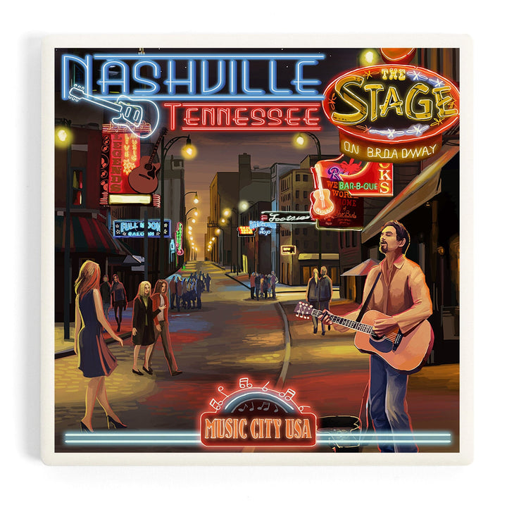 Nashville, Tennessee, Broadway at Night, Coasters Coasters Lantern Press Coaster 