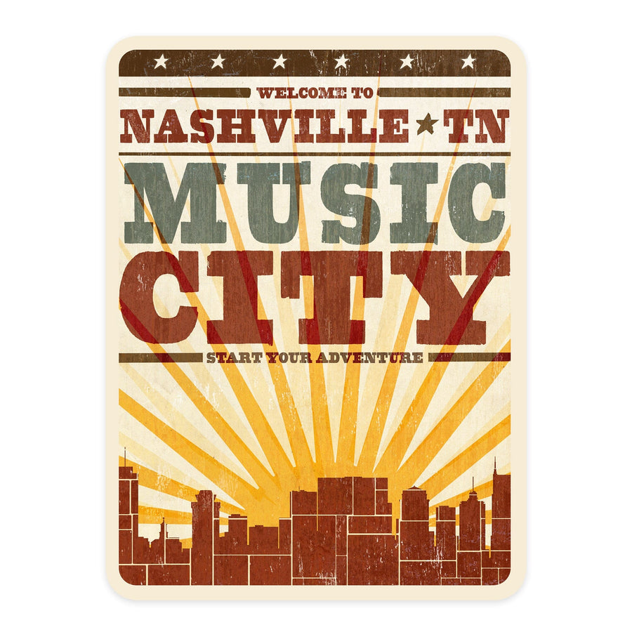 Nashville, Tennessee, City and Sunburst, Screenprint, Contour, Lantern Press Artwork, Vinyl Sticker Sticker Lantern Press 