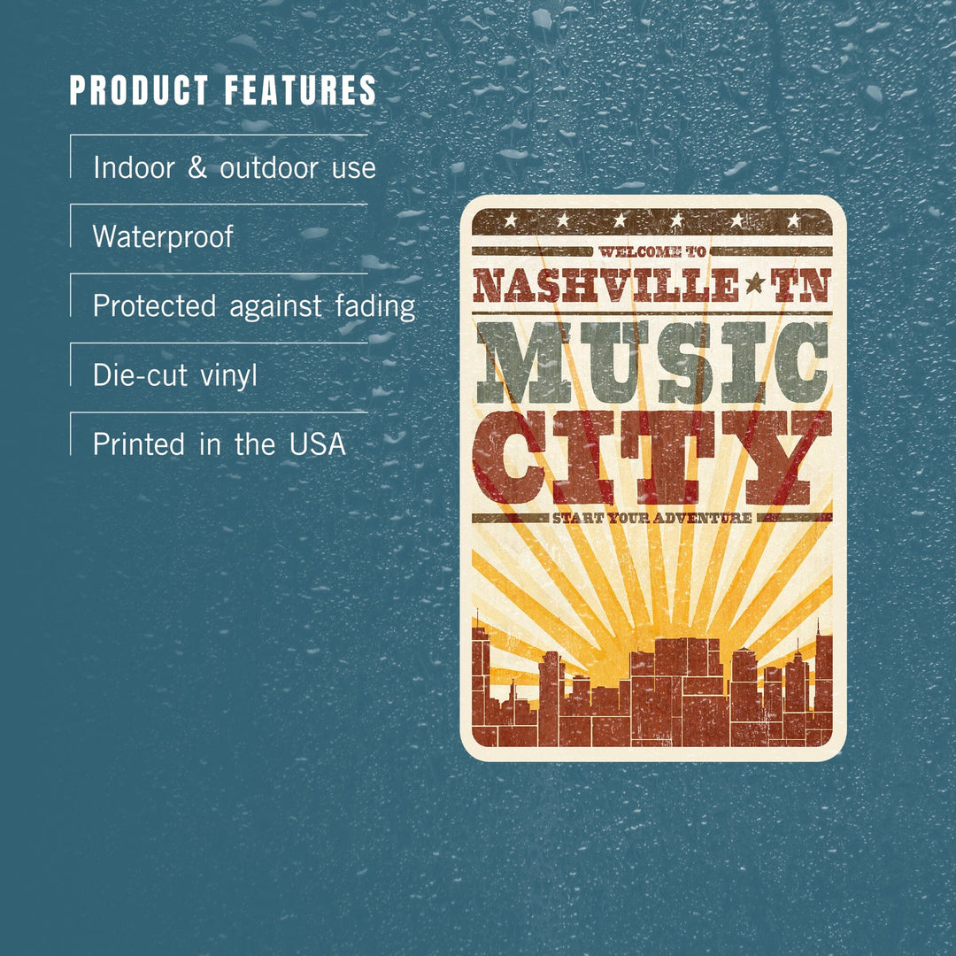 Nashville, Tennessee, City and Sunburst, Screenprint, Contour, Lantern Press Artwork, Vinyl Sticker Sticker Lantern Press 