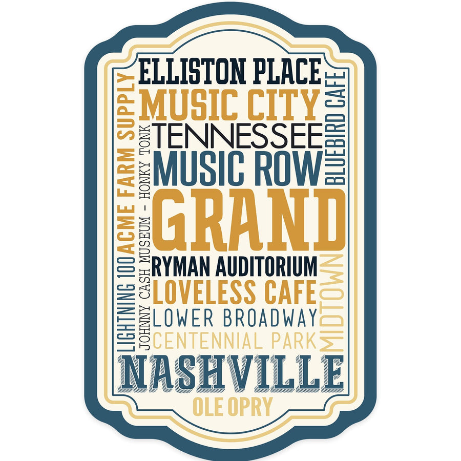 Nashville, Tennessee, City Typography, Alternate, Contour, Vinyl Sticker Sticker Lantern Press 