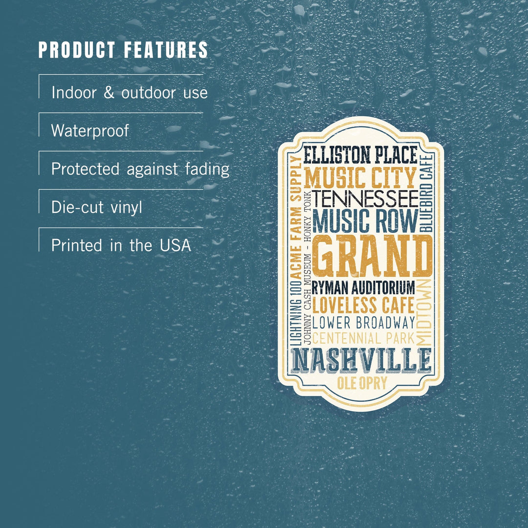 Nashville, Tennessee, City Typography, Alternate, Contour, Vinyl Sticker Sticker Lantern Press 