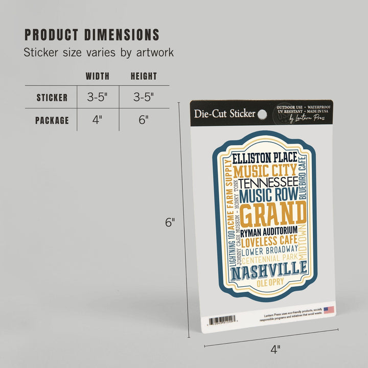 Nashville, Tennessee, City Typography, Alternate, Contour, Vinyl Sticker Sticker Lantern Press 