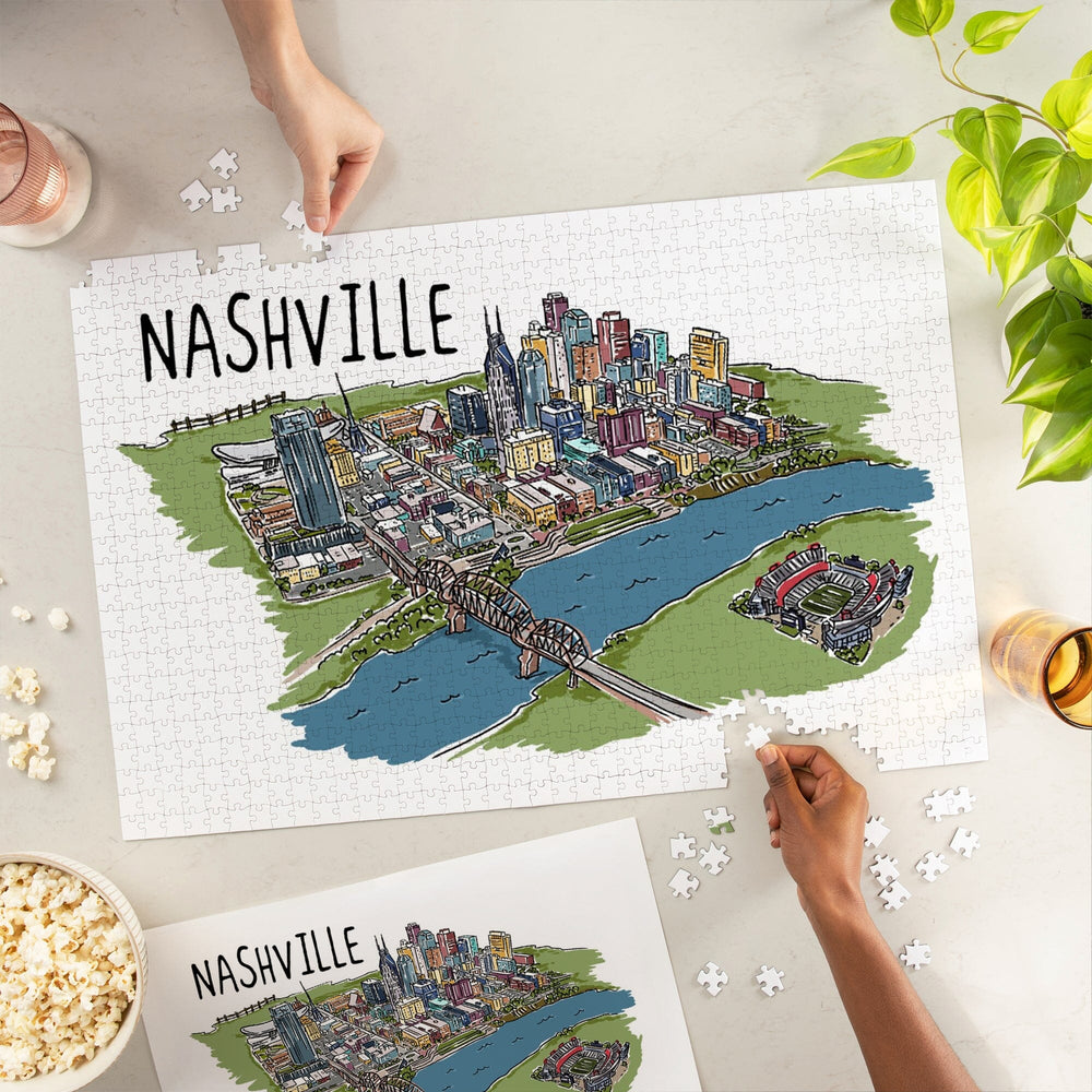 Nashville, Tennessee, Cityscape, Line Drawing, Jigsaw Puzzle Puzzle Lantern Press 