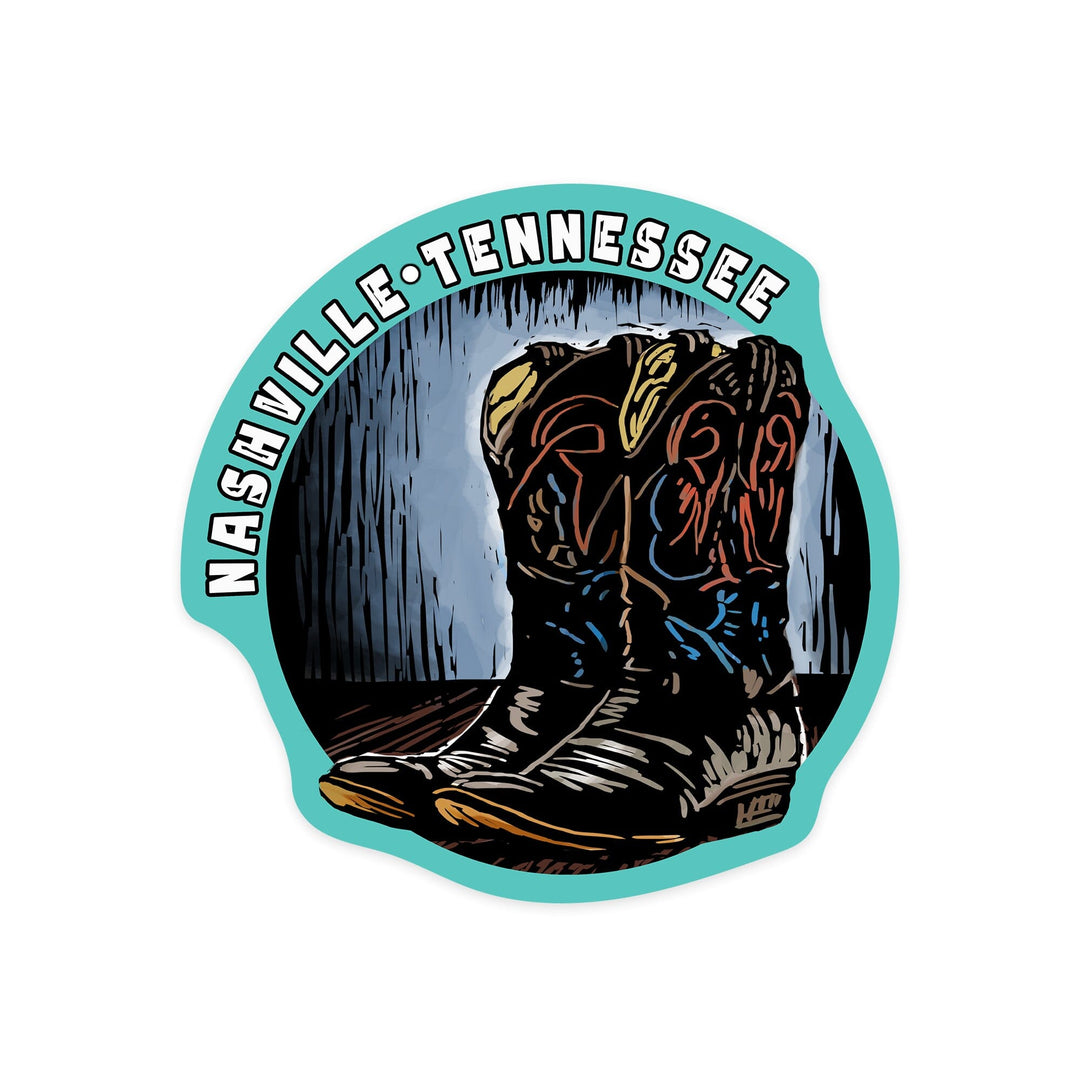 Nashville, Tennessee, Cowboy Boots, Scratchboard, Contour, Lantern Press Artwork, Vinyl Sticker Sticker Lantern Press 