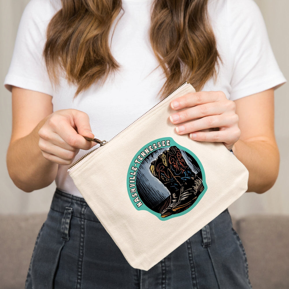 Nashville, Tennessee, Cowboy Boots, Scratchboard,, Organic Cotton Zipper Pouch, Go Bag Go Bag Lantern Press 