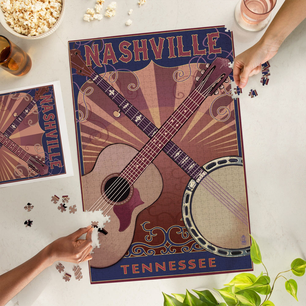 Nashville, Tennessee, Guitar and Banjo Music, Jigsaw Puzzle Puzzle Lantern Press 