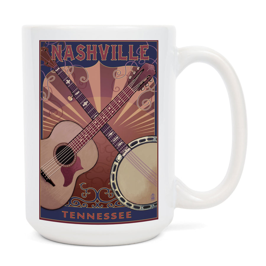 Nashville, Tennessee, Guitar and Banjo Music, Lantern Press Artwork, Ceramic Mug Mugs Lantern Press 