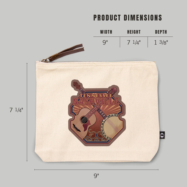 Nashville, Tennessee, Guitar and Banjo,, Organic Cotton Zipper Pouch, Go Bag Go Bag Lantern Press 