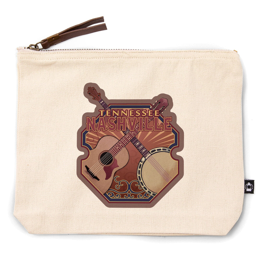 Nashville, Tennessee, Guitar and Banjo,, Organic Cotton Zipper Pouch, Go Bag Go Bag Lantern Press 
