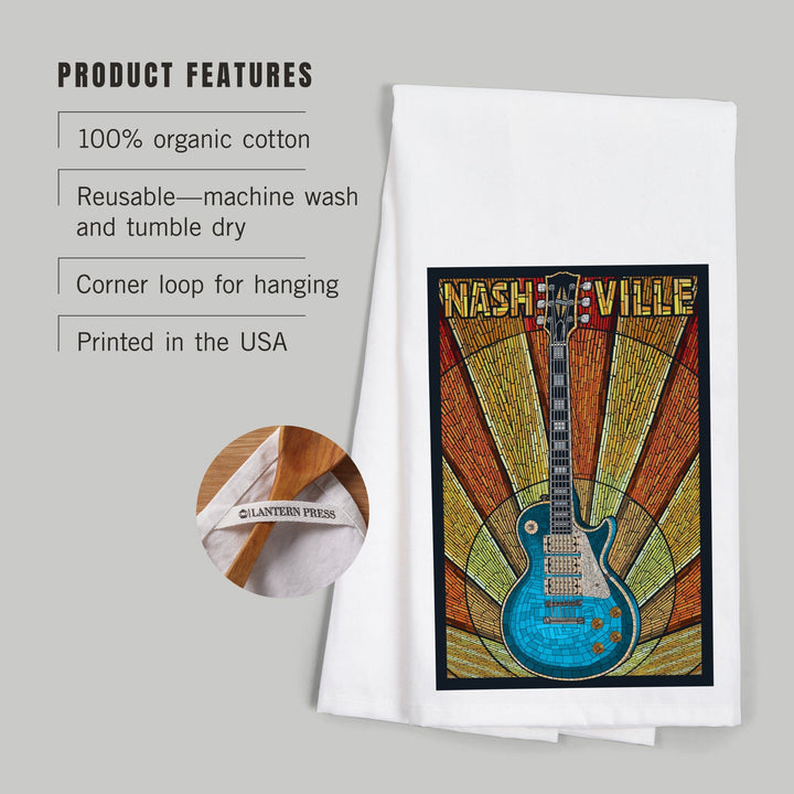Nashville, Tennessee, Guitar Mosaic, Organic Cotton Kitchen Tea Towels Kitchen Lantern Press 