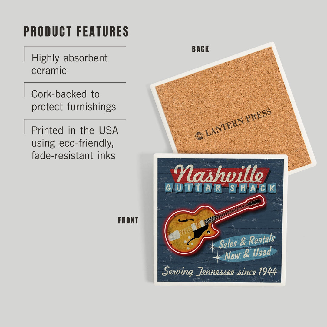 Nashville, Tennessee, Guitar Shack Vintage Sign, Coasters Coasters Lantern Press 
