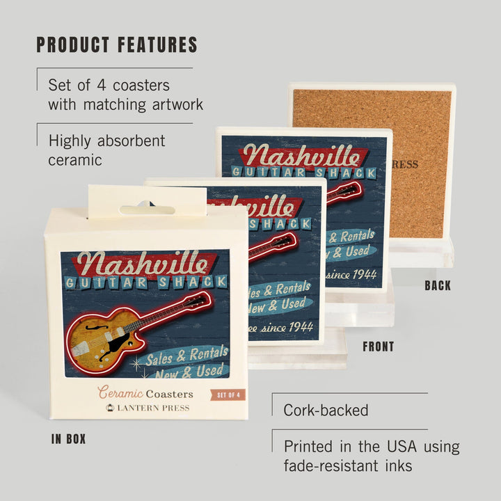 Nashville, Tennessee, Guitar Shack Vintage Sign, Coasters Coasters Lantern Press 