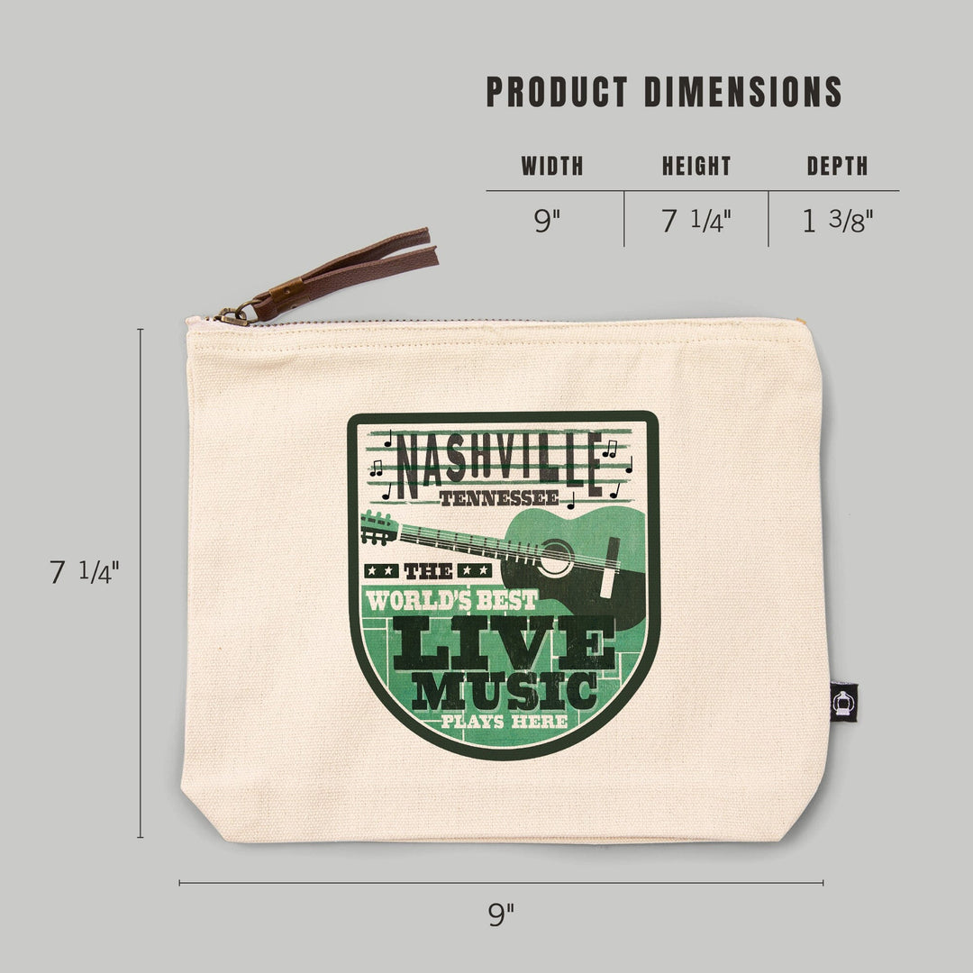 Nashville, Tennessee, Horizontal Guitar, Teal Screenprint,, Organic Cotton Zipper Pouch, Go Bag Go Bag Lantern Press 