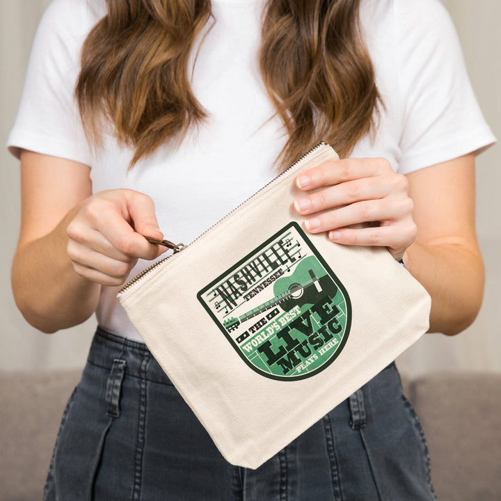 Nashville, Tennessee, Horizontal Guitar, Teal Screenprint,, Organic Cotton Zipper Pouch, Go Bag Go Bag Lantern Press 
