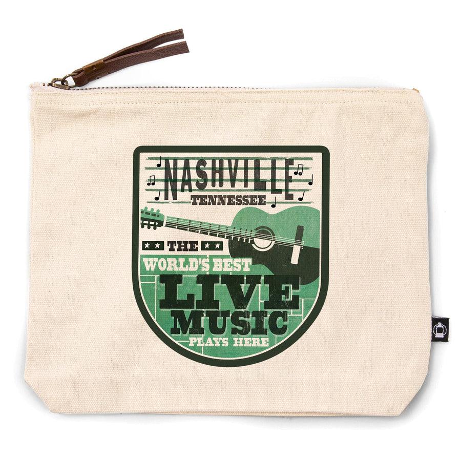 Nashville, Tennessee, Horizontal Guitar, Teal Screenprint,, Organic Cotton Zipper Pouch, Go Bag Go Bag Lantern Press 