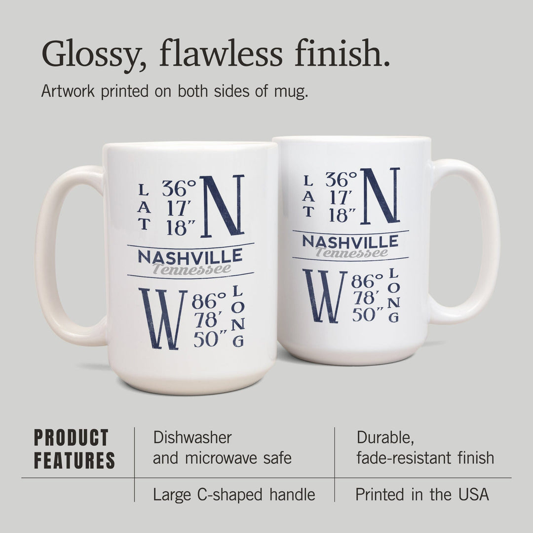 Nashville, Tennessee, Latitude & Longitude (Blue), Lantern Press Artwork, Ceramic Mug Mugs Lantern Press 