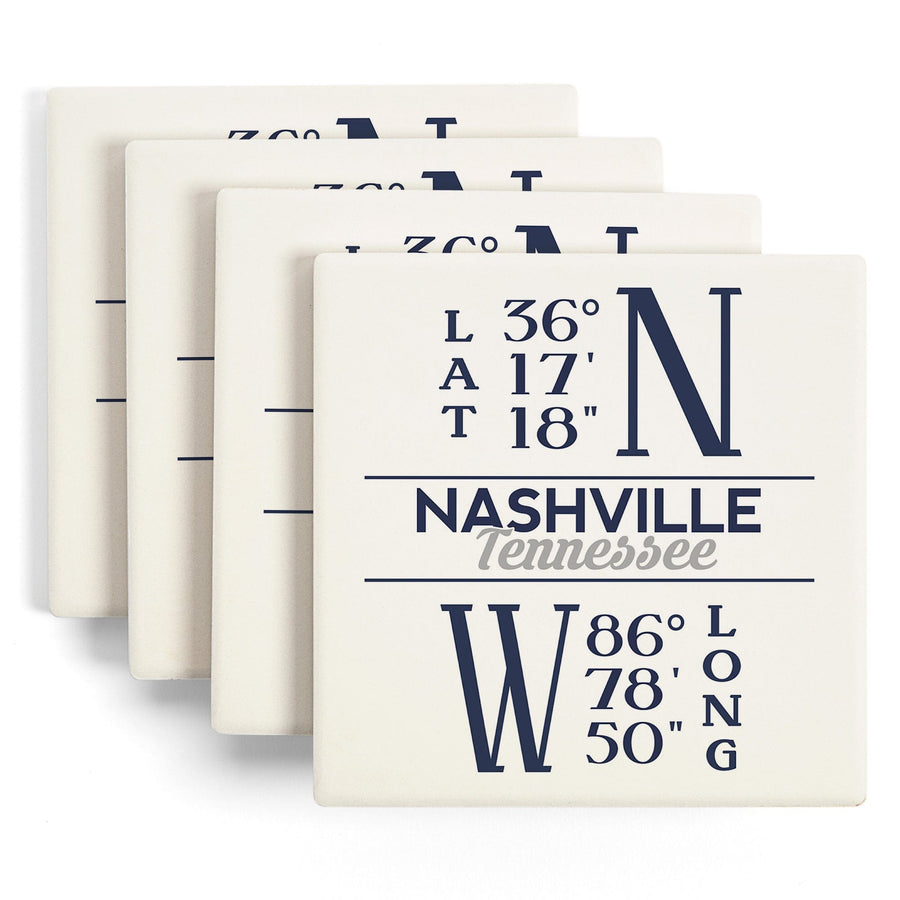 Nashville, Tennessee, Latitude & Longitude (Blue), Lantern Press Artwork, Coaster Set Coasters Lantern Press 