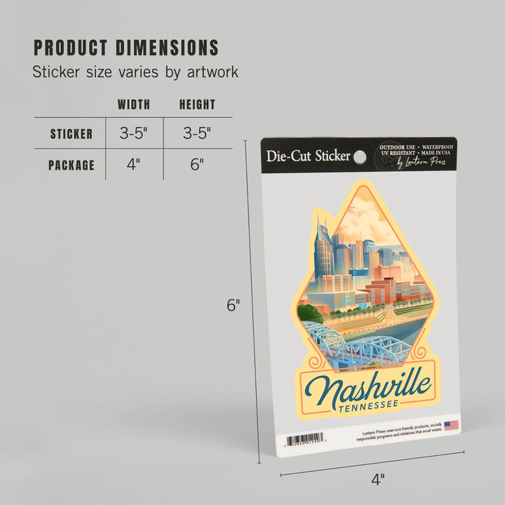 Nashville, Tennessee, Lithograph City Series, Contour, Vinyl Sticker Sticker Lantern Press 