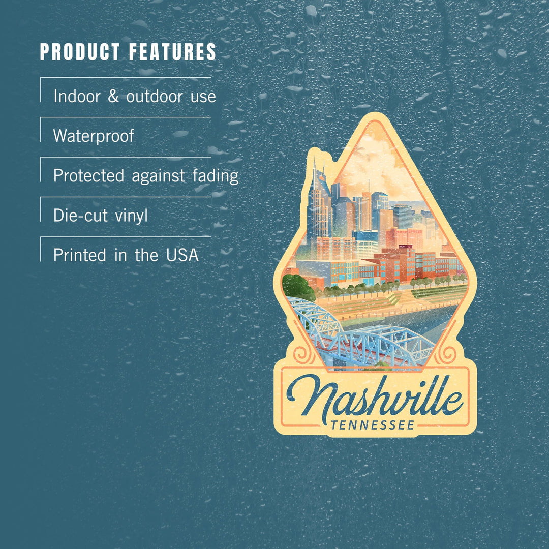 Nashville, Tennessee, Lithograph City Series, Contour, Vinyl Sticker Sticker Lantern Press 