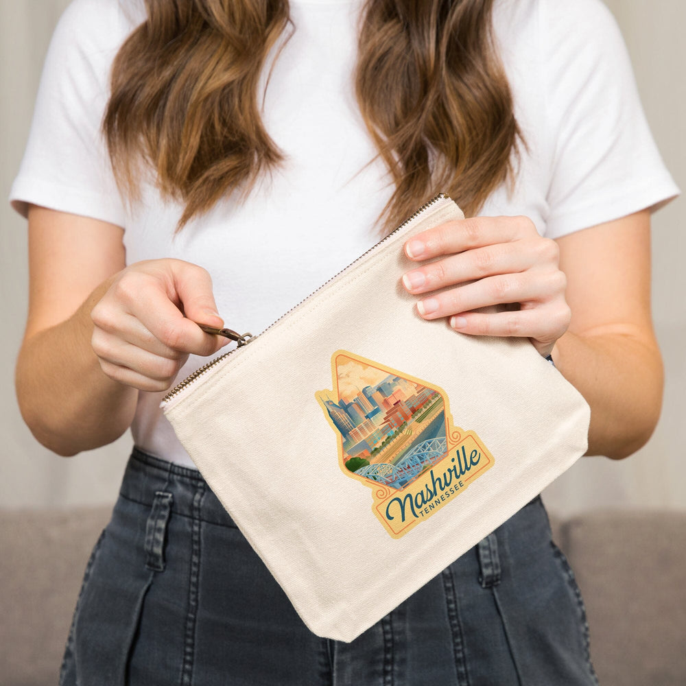 Nashville, Tennessee, Lithograph City Series,, Organic Cotton Zipper Pouch, Go Bag Go Bag Lantern Press 
