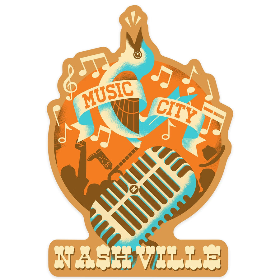 Nashville, Tennessee, Music City, Contour, Lantern Press Artwork, Vinyl Sticker Sticker Lantern Press 