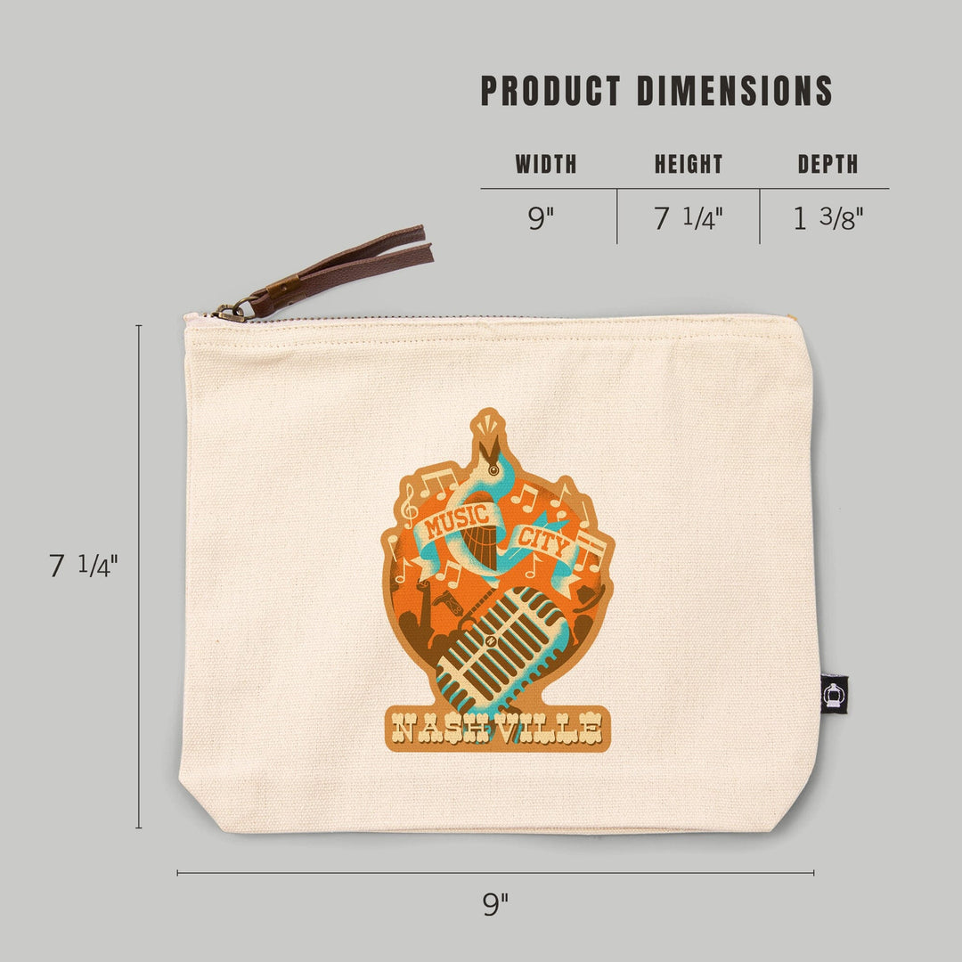 Nashville, Tennessee, Music City,, Organic Cotton Zipper Pouch, Go Bag Go Bag Lantern Press 