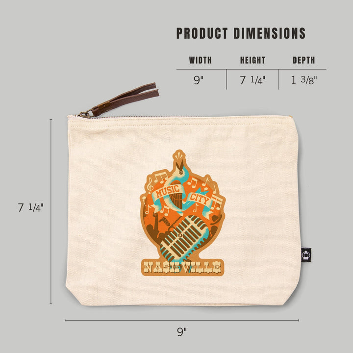 Nashville, Tennessee, Music City,, Organic Cotton Zipper Pouch, Go Bag Go Bag Lantern Press 