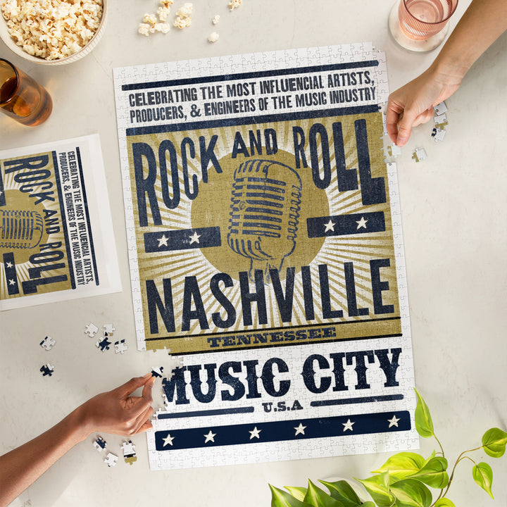 Nashville, Tennessee, Music City, USA, Microphone, Blue and Gold, Jigsaw Puzzle Puzzle Lantern Press 