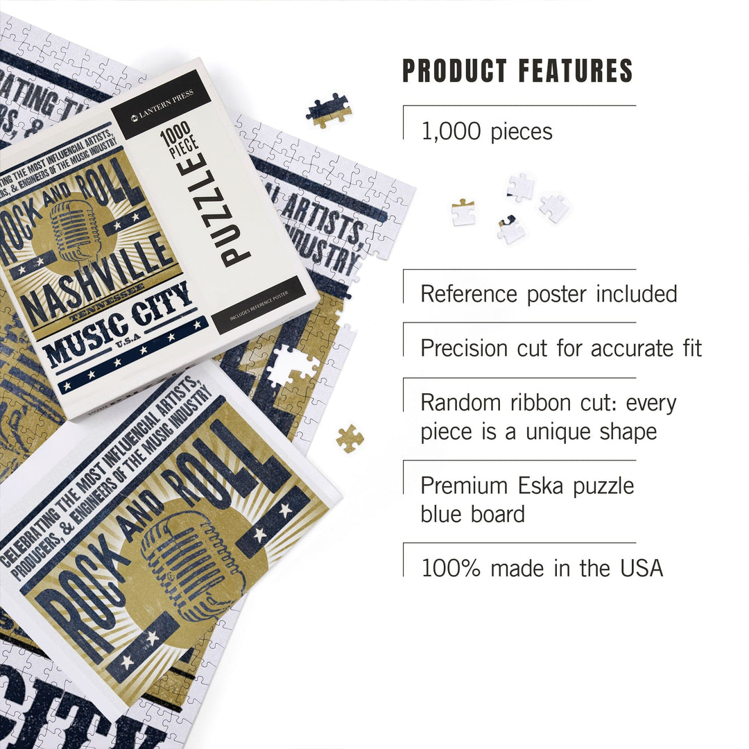 Nashville, Tennessee, Music City, USA, Microphone, Blue and Gold, Jigsaw Puzzle Puzzle Lantern Press 