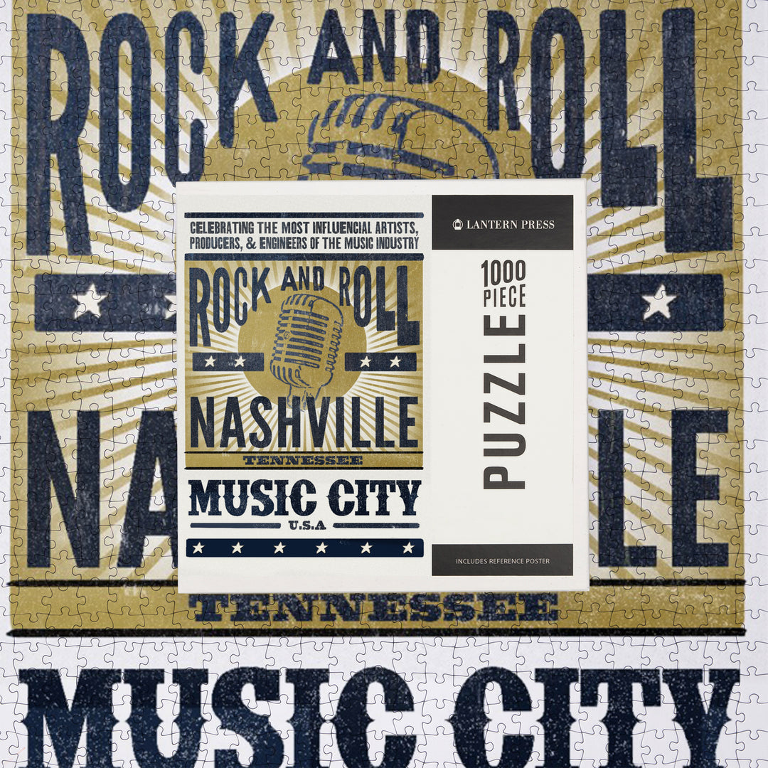 Nashville, Tennessee, Music City, USA, Microphone, Blue and Gold, Jigsaw Puzzle Puzzle Lantern Press 