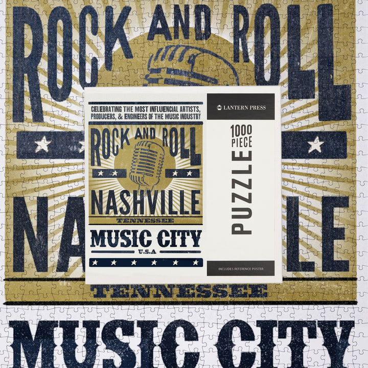 Nashville, Tennessee, Music City, USA, Microphone, Blue and Gold, Jigsaw Puzzle Puzzle Lantern Press 