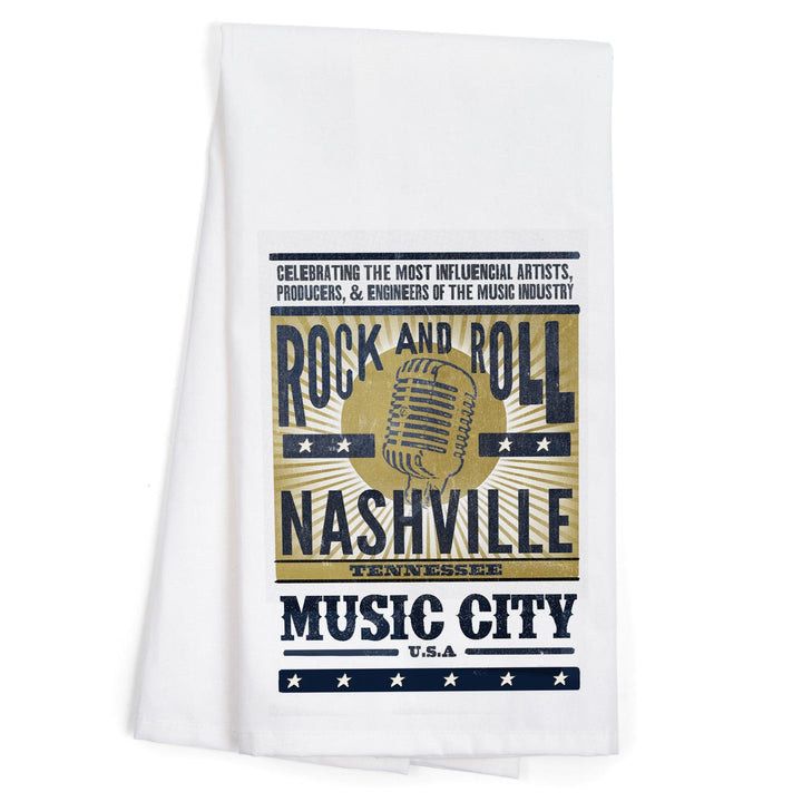 Nashville, Tennessee, Music City, USA, Microphone, Blue and Gold, Organic Cotton Kitchen Tea Towels Kitchen Lantern Press 