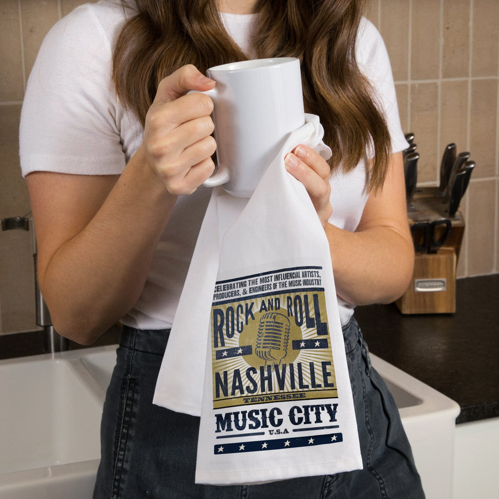 Nashville, Tennessee, Music City, USA, Microphone, Blue and Gold, Organic Cotton Kitchen Tea Towels Kitchen Lantern Press 