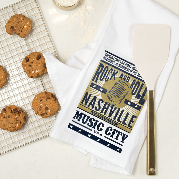 Nashville, Tennessee, Music City, USA, Microphone, Blue and Gold, Organic Cotton Kitchen Tea Towels Kitchen Lantern Press 