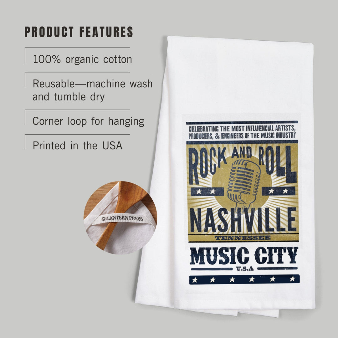 Nashville, Tennessee, Music City, USA, Microphone, Blue and Gold, Organic Cotton Kitchen Tea Towels Kitchen Lantern Press 