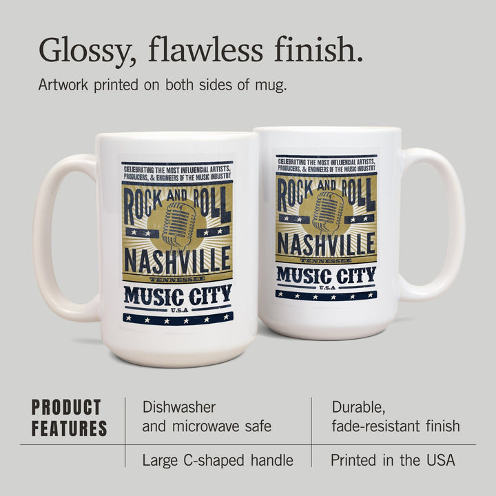 Nashville, Tennessee, Music City, USA, Microphone, Blue & Gold, Lantern Press Artwork, Ceramic Mug Mugs Lantern Press 