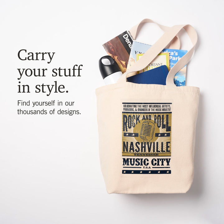 Nashville, Tennessee, Music City, USA, Microphone, Blue & Gold, Lantern Press Artwork, Tote Bag Totes Lantern Press 