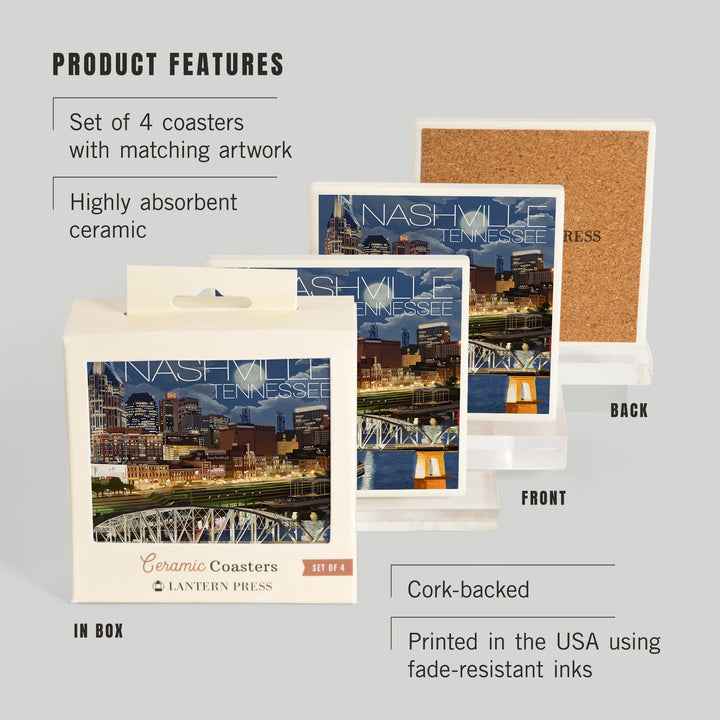Nashville, Tennessee, Nashville at Night, Coasters Coasters Lantern Press 