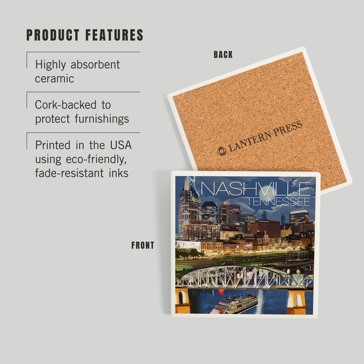 Nashville, Tennessee, Nashville at Night, Coasters Coasters Lantern Press 