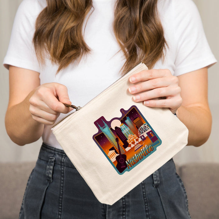 Nashville, Tennessee, Retro Skyline Chromatic Series,, Organic Cotton Zipper Pouch, Go Bag Go Bag Lantern Press 