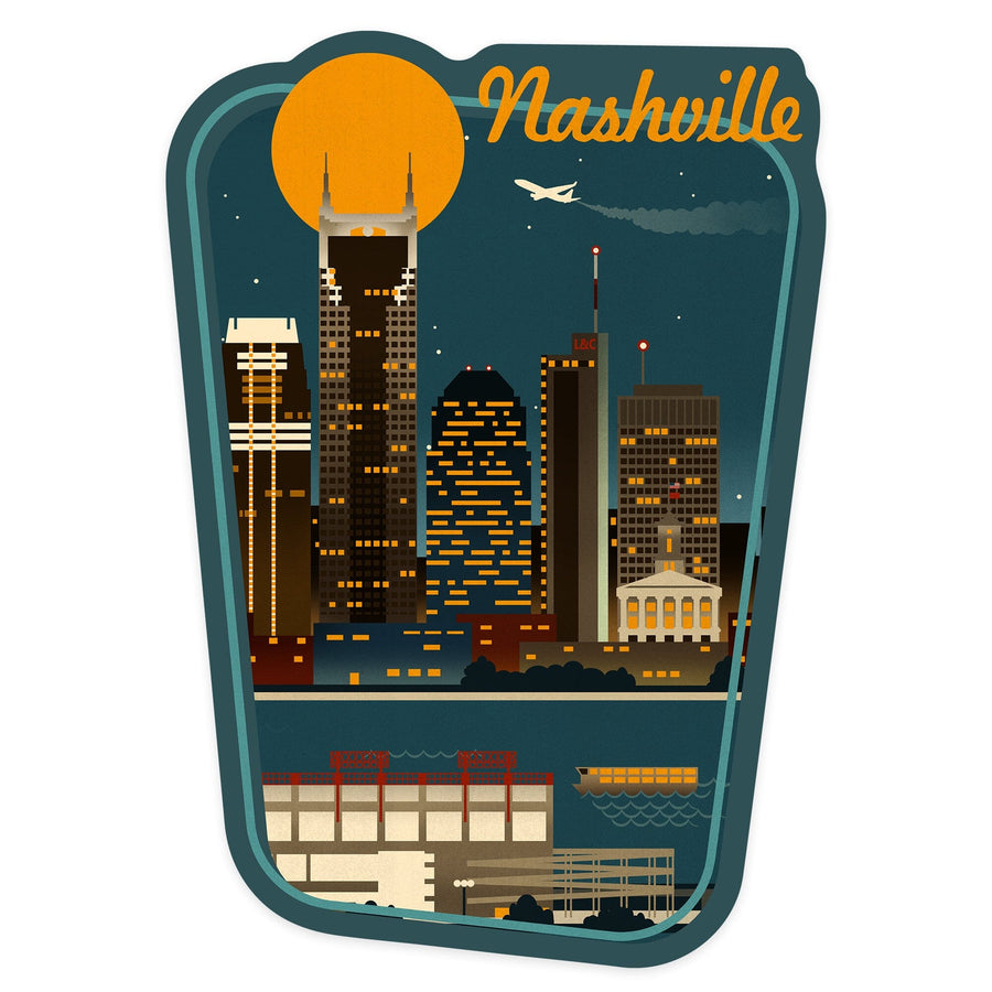 Nashville, Tennessee, Retro Skyline, Contour, Lantern Press Artwork, Vinyl Sticker Sticker Lantern Press 
