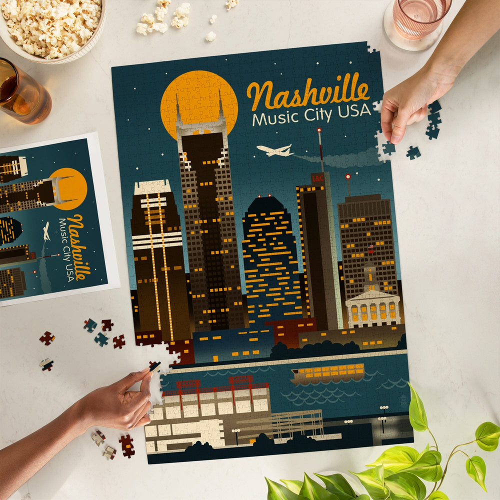 Nashville, Tennessee, Retro Skyline, Jigsaw Puzzle Puzzle Lantern Press 