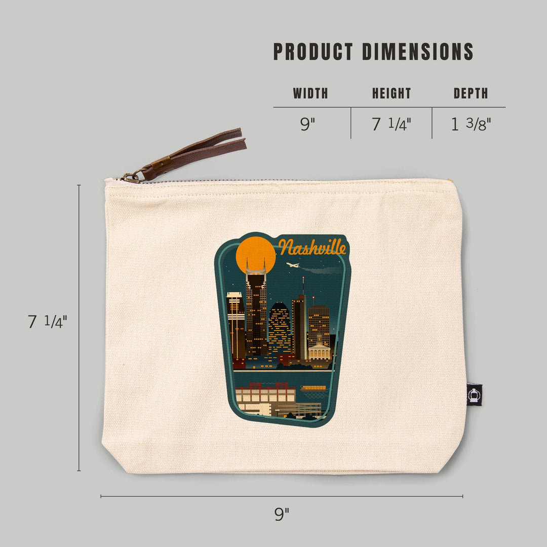 Nashville, Tennessee, Retro Skyline,, Organic Cotton Zipper Pouch, Go Bag Go Bag Lantern Press 