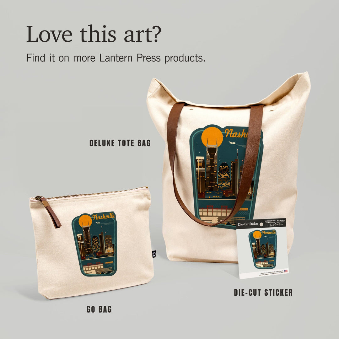 Nashville, Tennessee, Retro Skyline,, Organic Cotton Zipper Pouch, Go Bag Go Bag Lantern Press 