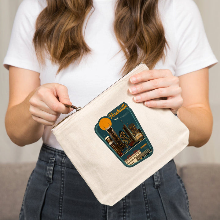 Nashville, Tennessee, Retro Skyline,, Organic Cotton Zipper Pouch, Go Bag Go Bag Lantern Press 