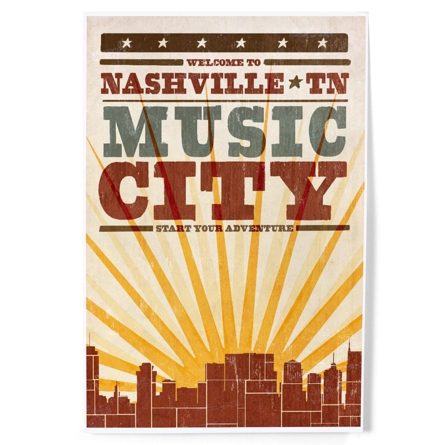 Nashville, Tennessee, Skyline and Sunburst Screenprint Style, Art & Giclee Prints Art Lantern Press 