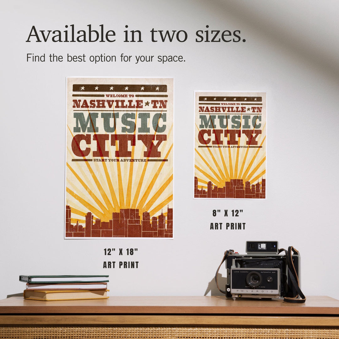 Nashville, Tennessee, Skyline and Sunburst Screenprint Style, Art & Giclee Prints Art Lantern Press 