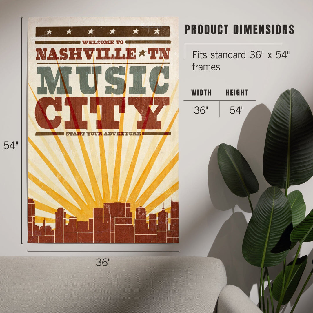 Nashville, Tennessee, Skyline and Sunburst Screenprint Style, Art & Giclee Prints Art Lantern Press 