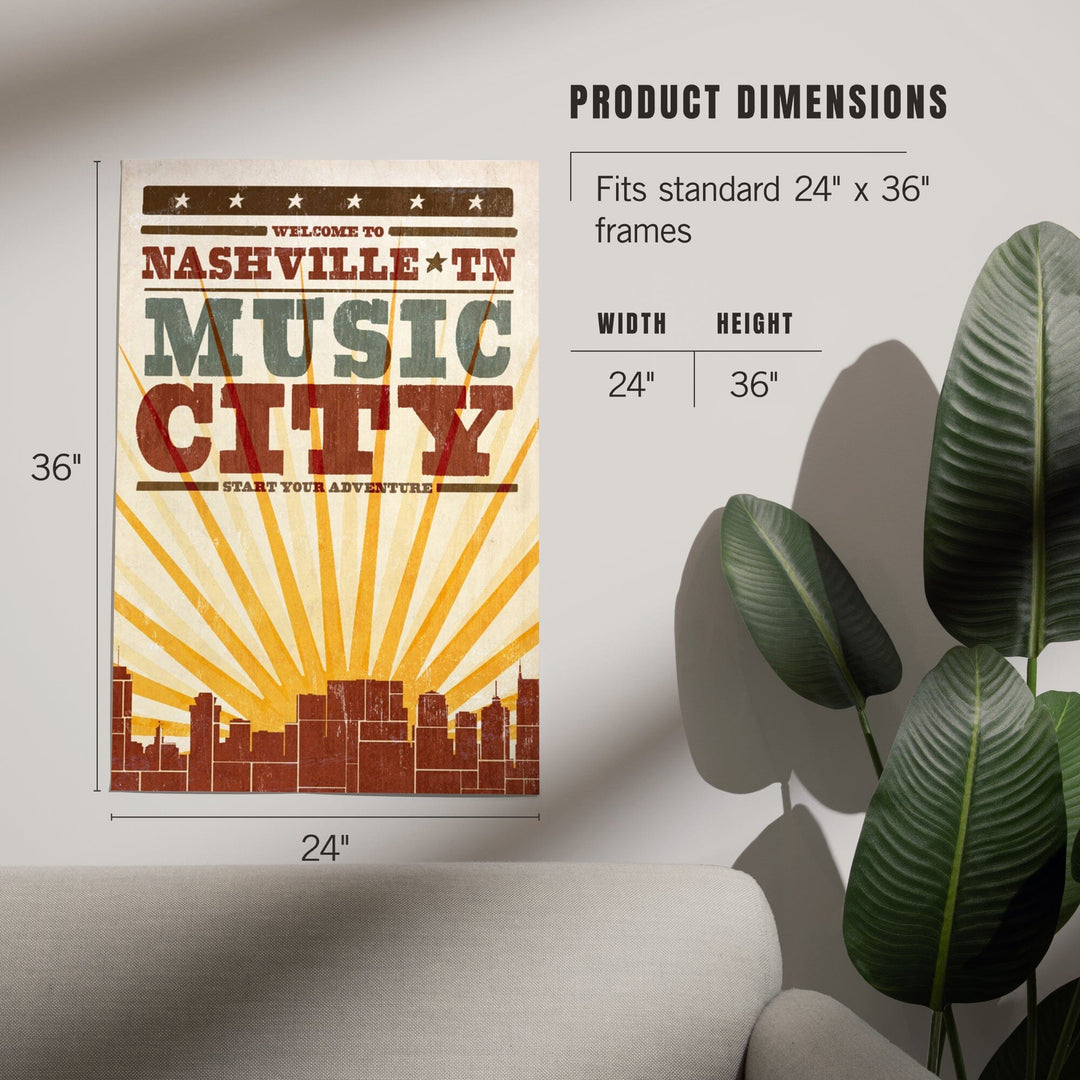 Nashville, Tennessee, Skyline and Sunburst Screenprint Style, Art & Giclee Prints Art Lantern Press 